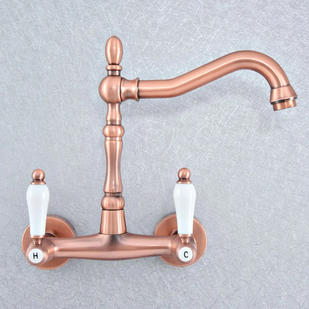 

Antique Red Copper Brass Wall Mounted Kitchen Wet Bar Bathroom Vessel Basin Sink Hot Cold Mixer Tap Swivel Spout Faucet msf880