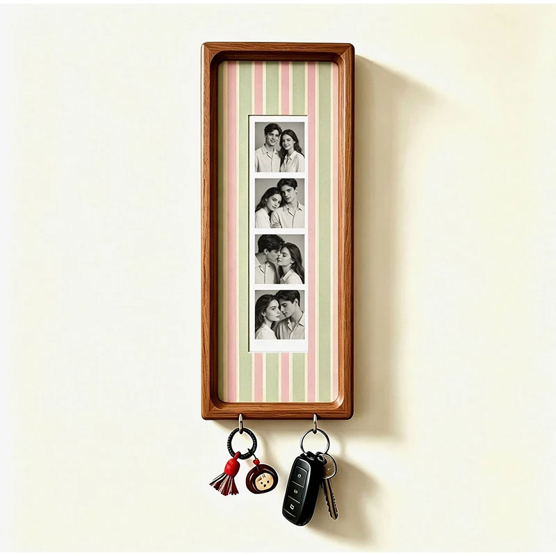 Holz-Fotorahmen für Paare mit Schlüsselhaken, Wandmontierter Bilderrahmen, Modischer Gestreifter Rahmen, Schlüsselhalter, Jubiläumsgeschenk – Detail 11