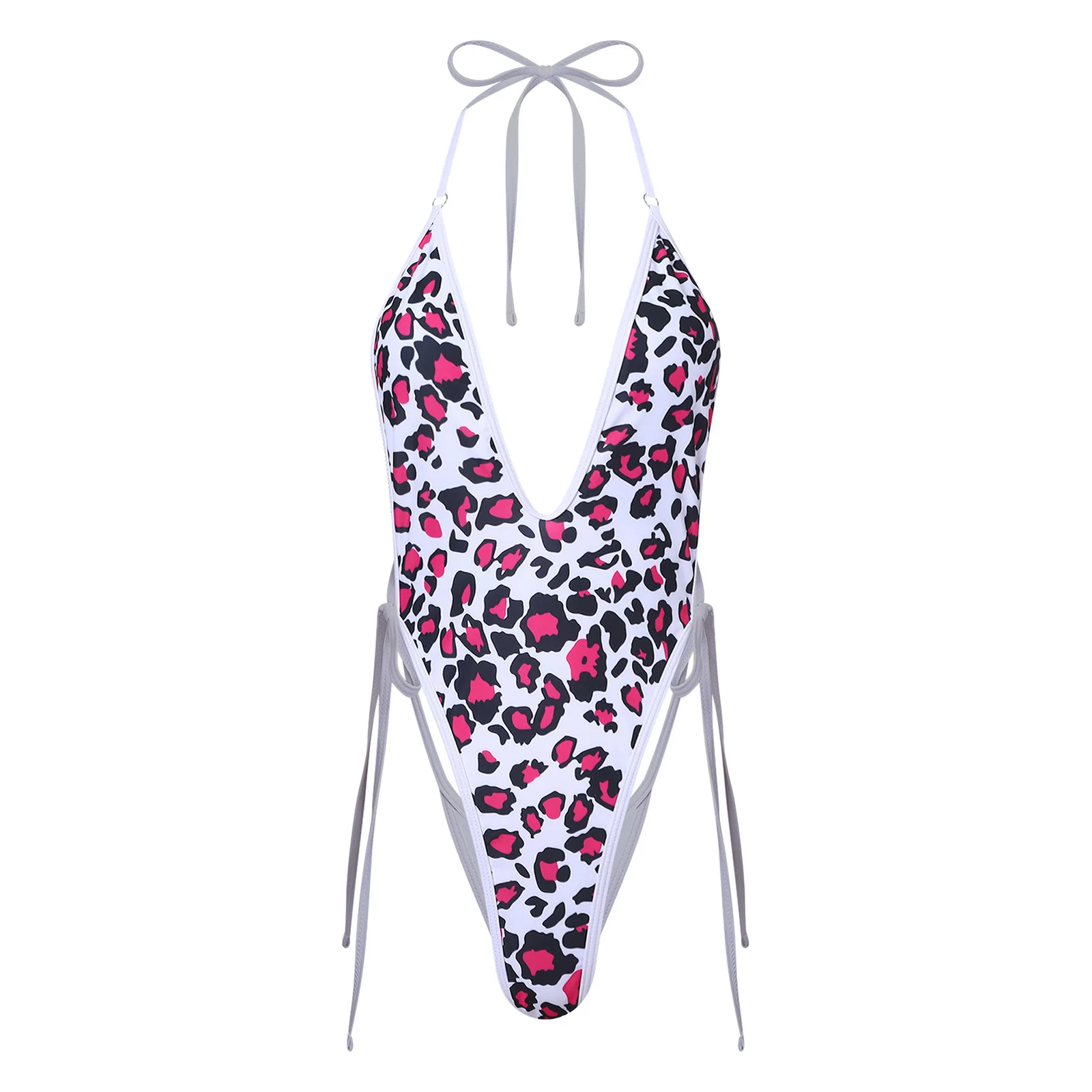 Womens Leopard Print One-piece Bathing Suit with Chest Pads Deep V Neck Halter Backless Swim Bodysuit for Beach Pool Sunbathing
