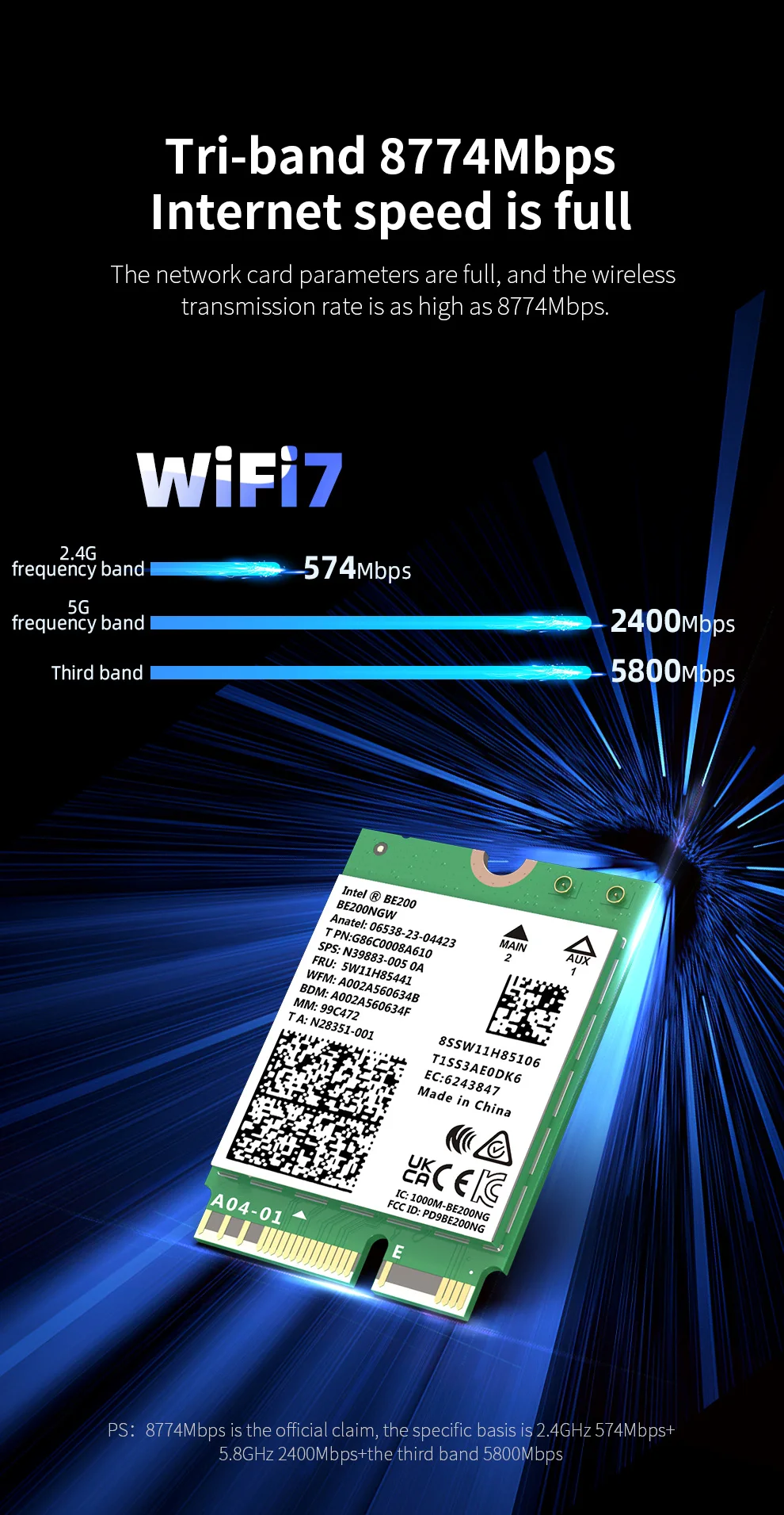 WiFi 7 Intel BE200 Network Card Bluetooth 5.4 Tri Band 2.4G/5G/6GHz 8774Mbps BE200NGW M.2 Wireless Adapter Better than WiFi 6E