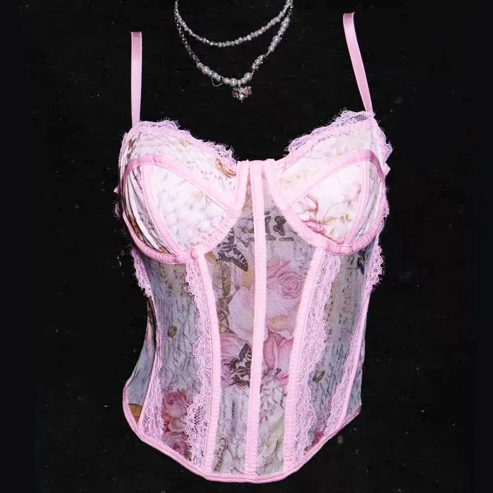 

Elastic Mesh Lace Flower Camisole Sleeveless Tanks Lace Corset Slim fit Streetwear Crop Tops Spring Summer