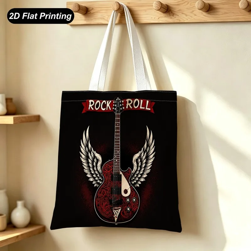 1PC【Tote Bag】2D Flat effect，bag features a winged rock guitar print，Large capacity and lightweight，Suitable shopping、Dai