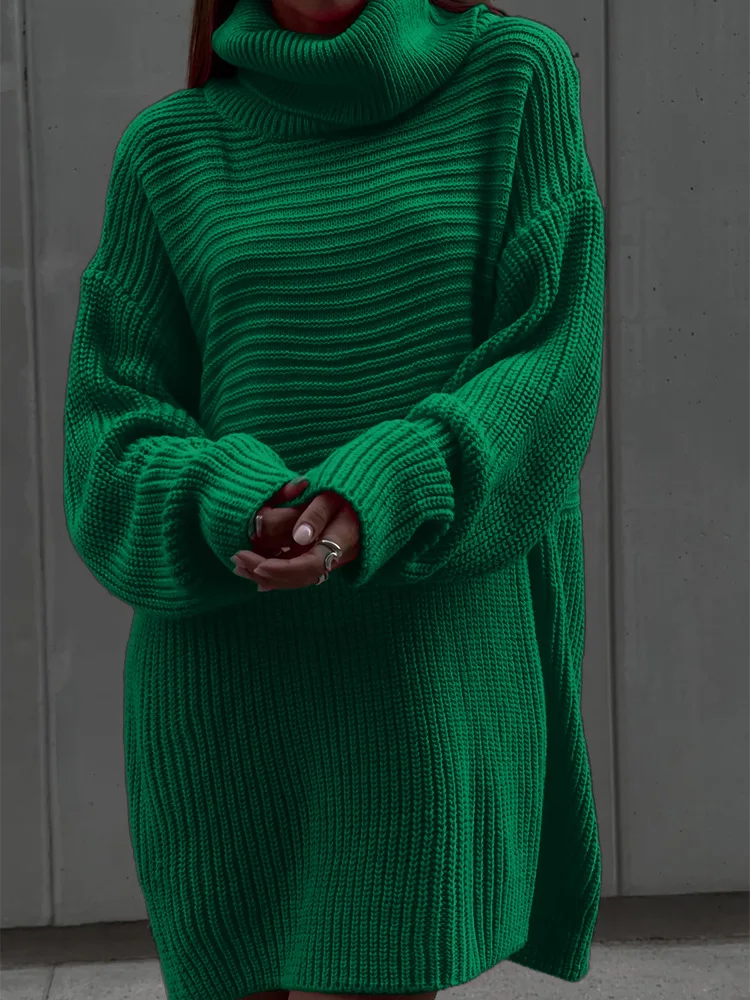 Vestido de suéter de cuello alto para mujer, Jersey de punto Midi de gran tamaño, informal, suelto, manga larga, prendas de punto, elegante, verde, cálido, invierno