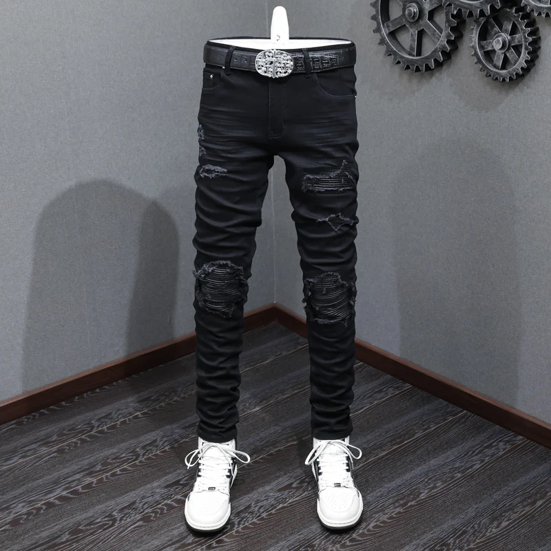 

High Street Fashion New Black Men's Jeans, Washed and Pierced, Elastic and Slimming, Hip Hop Brand Splicing Pants, Hombre