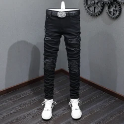 High Street Fashion nuovi Jeans da uomo neri, lavati e traforati, elastici e dimagranti, pantaloni con giunture di marca Hip Hop, Hombre