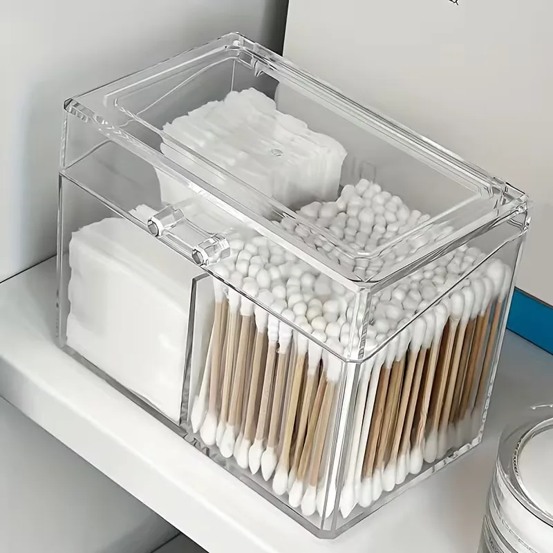 

2-Compartment Transparent Plastic Acrylic Storage Box with Dustproof Lid For Swabs, Makeup Remover Wipes & Skincare Essentials