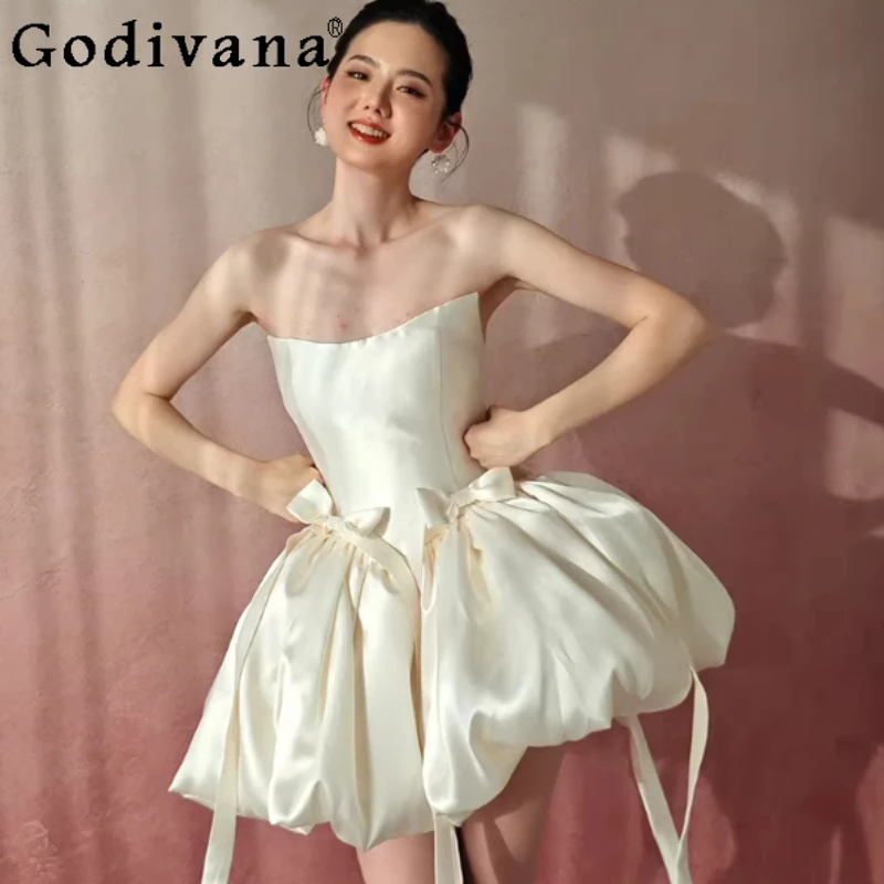 

Белое свадебное платье без бретелек в корейском стиле, больших размеров, элегантное, балетного кроя, новая модная модель, с завышенной талией, А-силуэт, простое атласное платье принцессы для девочек