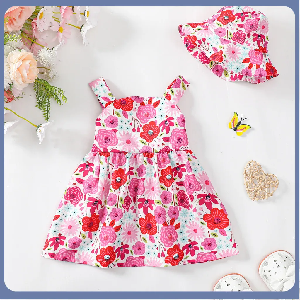 0-3 Years Dress for Toddlers Girl 2PCS Summer Clothes Set Sleeveless Floral Dress with Hat Baby Cute Beach Holiday Party Outfits