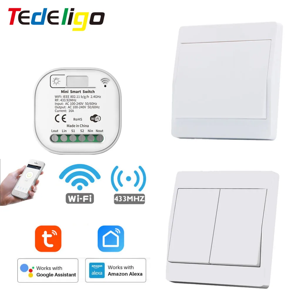 Inteligentny włącznik światła WiFi i RF Tuya 433MHz, kinetyczny włącznik ścienny, bez baterii, bezprzewodowe zdalne sterowanie, funkcja timera, 220V 16A, kompatybilny z Alexa.