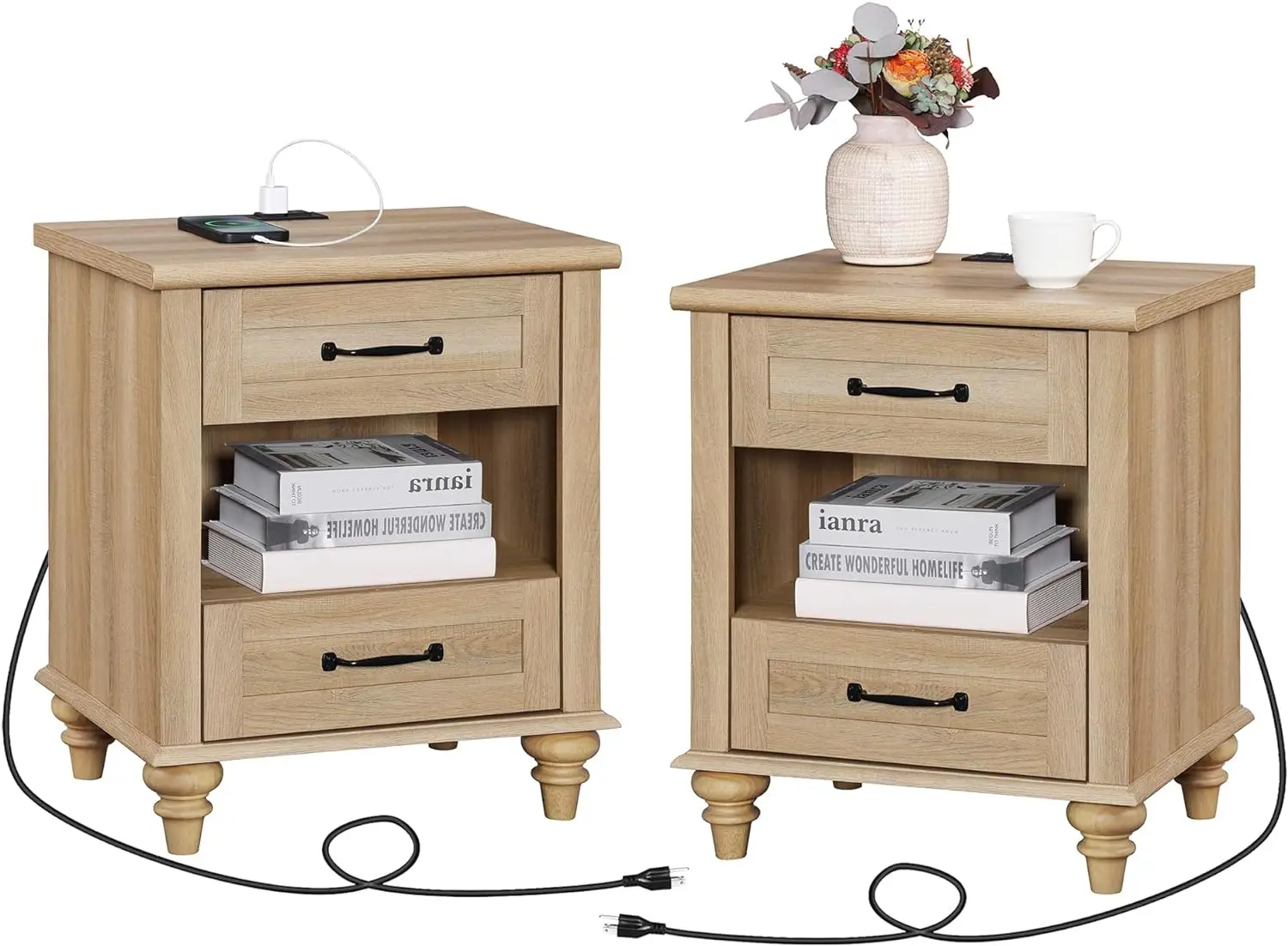 

Nightstands End Tables with Charging Station & 2 Drawers, Farmhouse Side Table for Living Room, Farmhouse Bedside Table