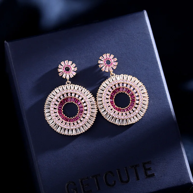 New European and American sweet exaggerated earrings, women's colored zircon gold-plated earrings, elegant high-end accessories