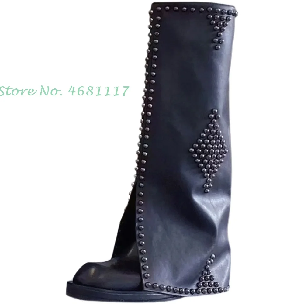 

Rivet Pattern Knee High Boots Women Low Block Heel Round Toe Long Leather Boots Slip On Funky Outfit British Style Elegant Boots