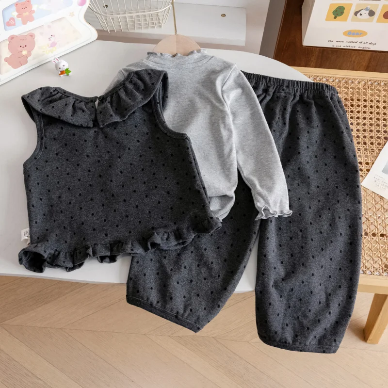 

Baby Girl Outfit25Autumn New Girls' Base Shirt Stylish Lace Polka Dot Vest Wide-Leg Pants Three-Piece Set