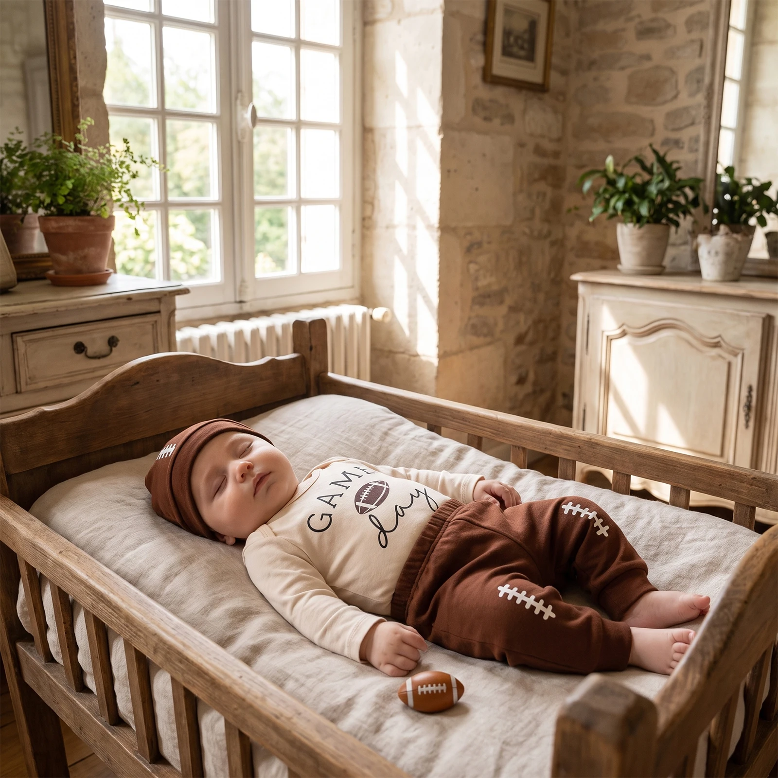 Baby Boy Football Outfits Letter Rugby Print Long Sleeve Romper Pants and Hat 3 Piece Fall Set