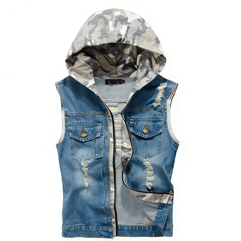 Spring Summer Mens Camo Hooded Denim Vest Retro Men Ripped Streetwear Sleeveless Jean Jackets Men Cotton Work Waistcoat Clothing