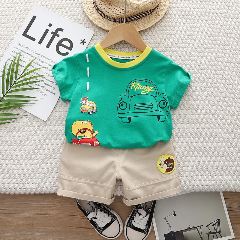 Kids Summer Sets 2024 Baby Boy Clothes 9 To 12 Months Casual Dinosaur Car Short Sleeve T-shirts and Shorts Children's Clothing