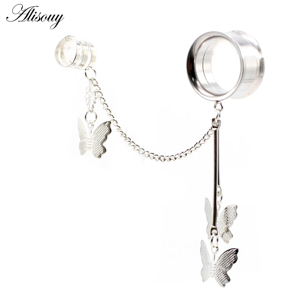 Alisouy 2pcs Stainless Steel Chain Butterfly Pendant Flared Ear Tunnels Plugs Expander Stretcher Gauges Body Piercing Jewelry