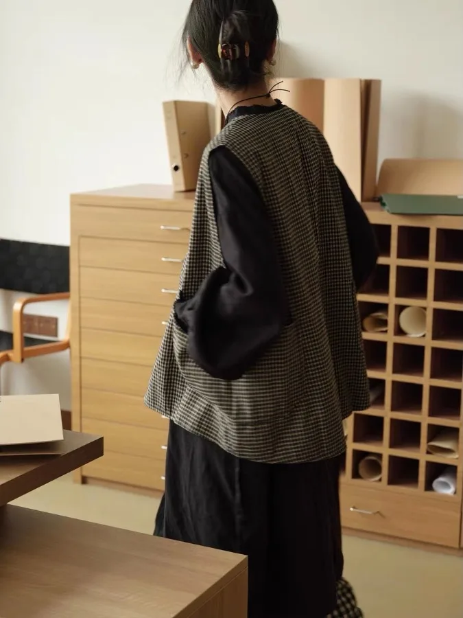 Retro Artistieke Dubbelzijdige Slijtage Plaid Open Vest Vrouwen Losse Vest Top Lente Herfst Ontwerp Gevoel Bovenkleding