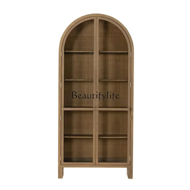 

Arched Rattan Bookcase Living Room Vintage Wine Cabinet Solid Wood Storage Bookshelf Display Cabinet Wall Locker