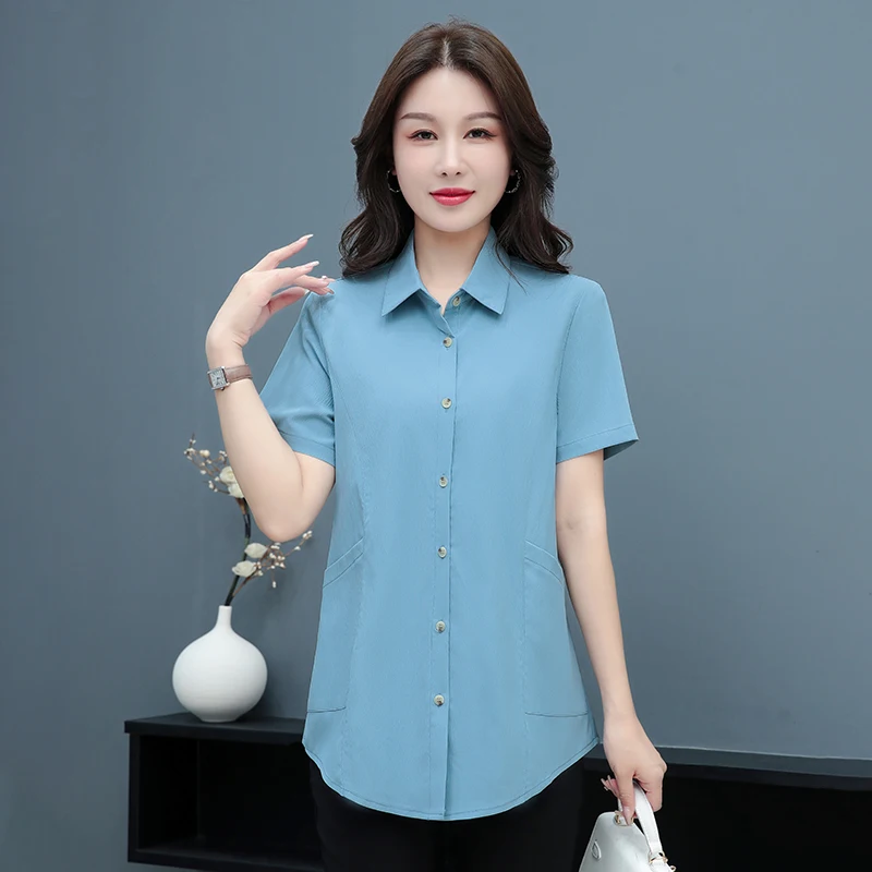 

New Women'S Loose Pocket Short Sleeved Top Middle-Aged Mothers Summer Fashion Versatile Medium To Long Length Chiffon Shirt Lady