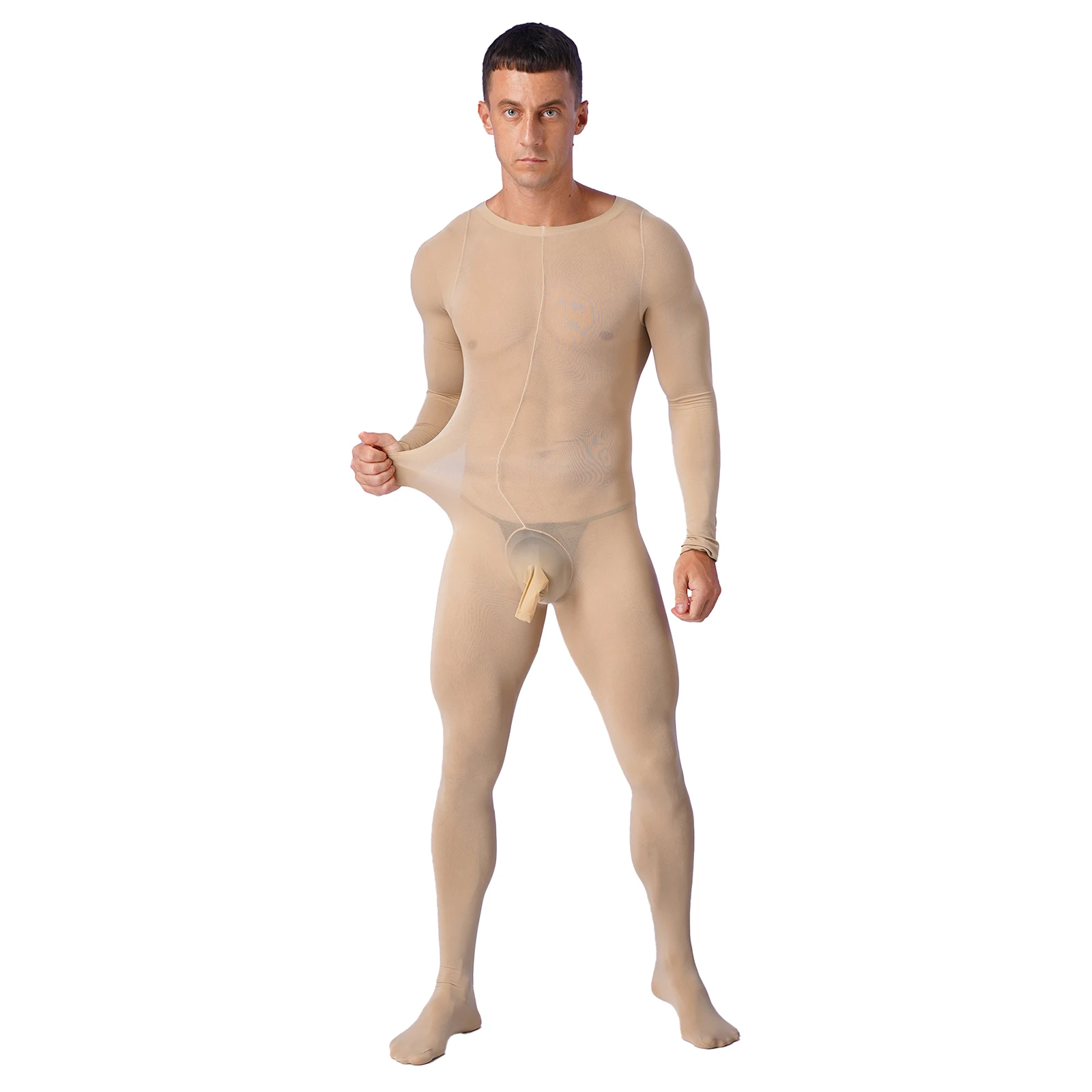 

Sissy Men Ultra Thin Body-stocking Sheer Mesh See Through Footed Jumpsuits Long Sleeve Gays Lingerie Elephant Nose Bodysuit