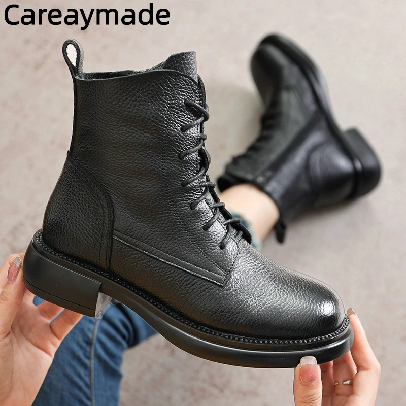 careaymade-women's-ankle-boots-cow-genuine-leather-mid-calf-spring-autumn-plush-winter-flats-british-big-size-comfy-ladies-shoes