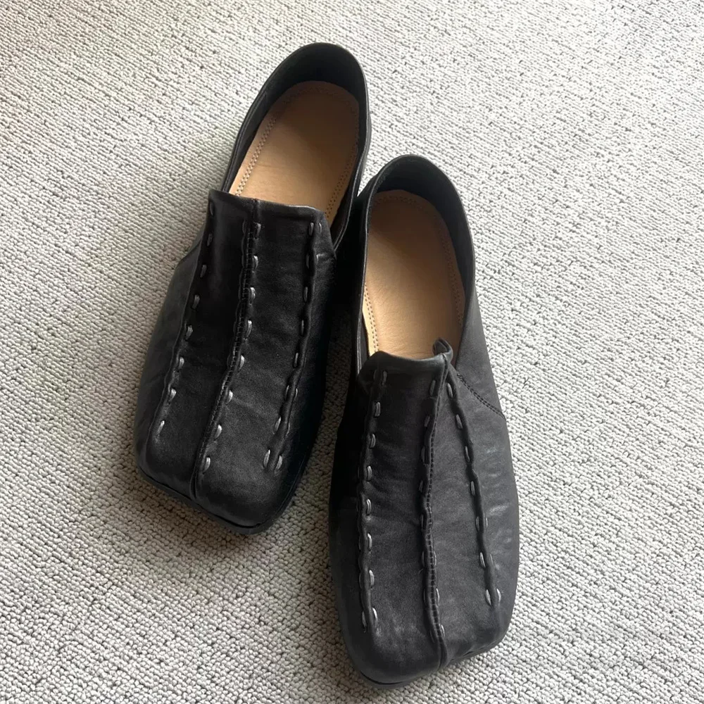 2026 Autumn and Winter Genuine Leather Single Shoes Men Handmade Stitching Leather Loafers Square Toe Double Heel Casual Shoes