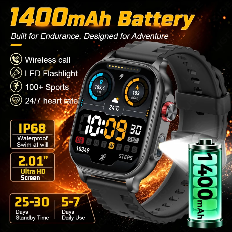 1400mAh Big Battery Smart Watch LED Flashlight 2.01" Ultra HD Screen 100+ Sports IP68 Waterproof Heart Rate BT Call Smartwatch