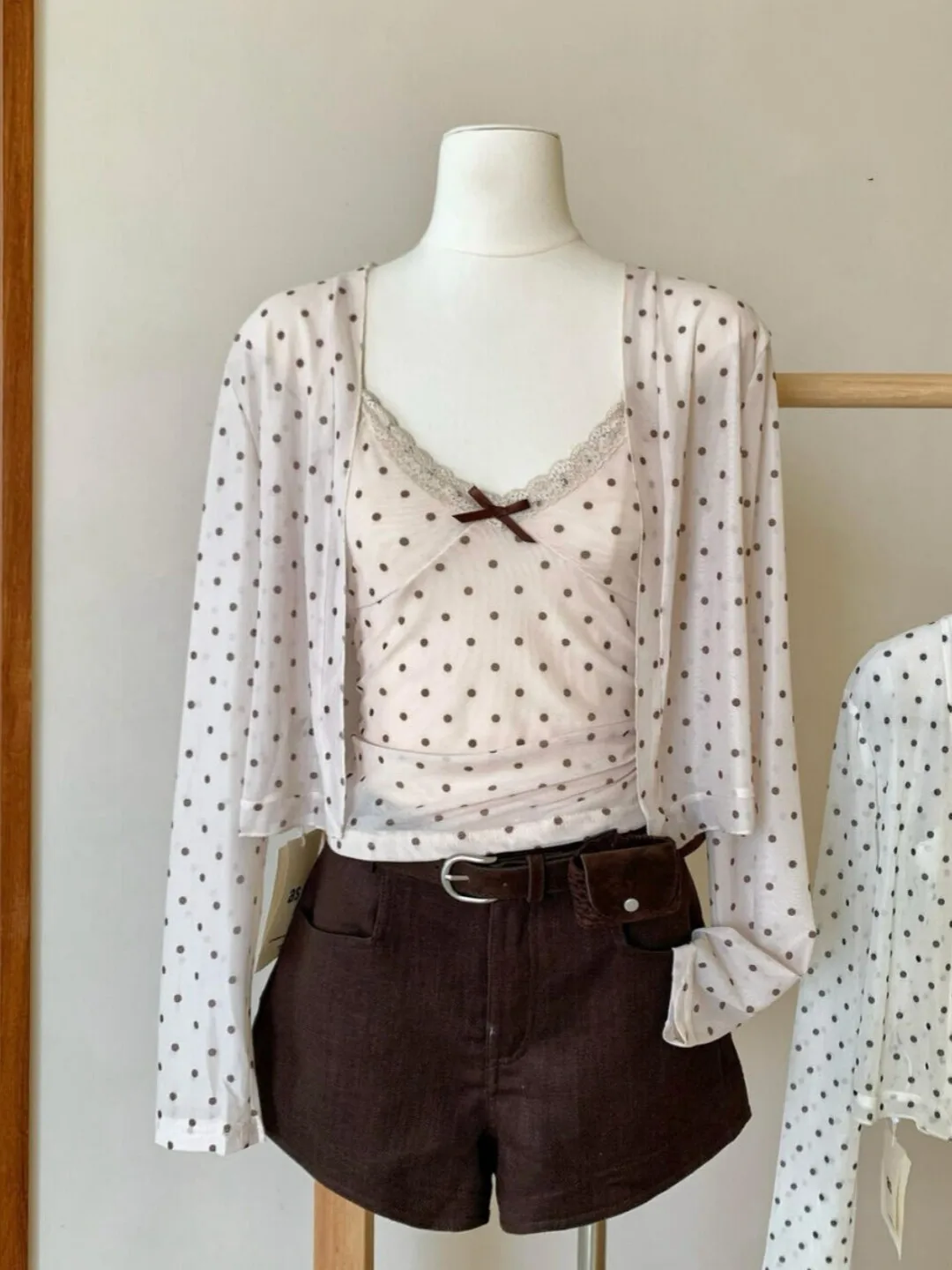 Early Autumn Korean Style Lace Trim Polka Dot Wrap Cardigan Two-Piece Set Women's Design Beautiful Top Breathable Polyester F...