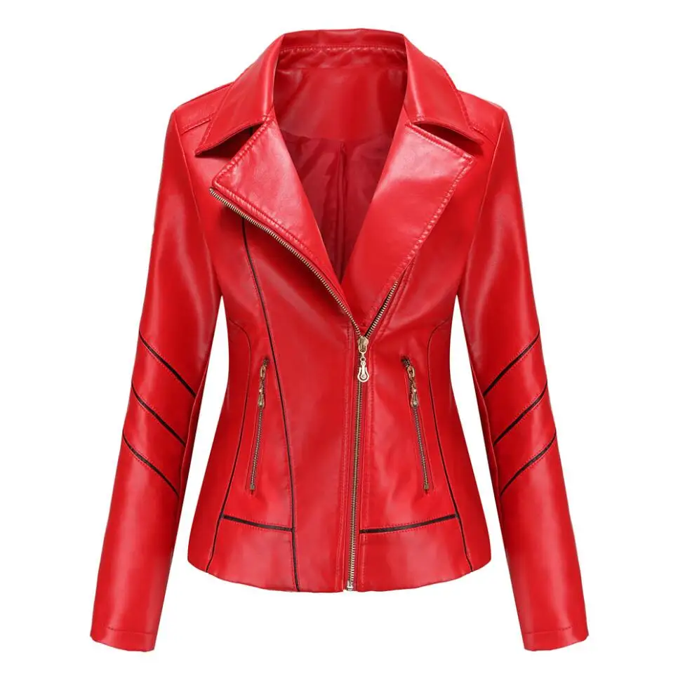 Red PU Faux Leather Jacket Women fashion Casual Biker Jackets Outwear Female Tops spring and autumn Black Leather Jacket Coat