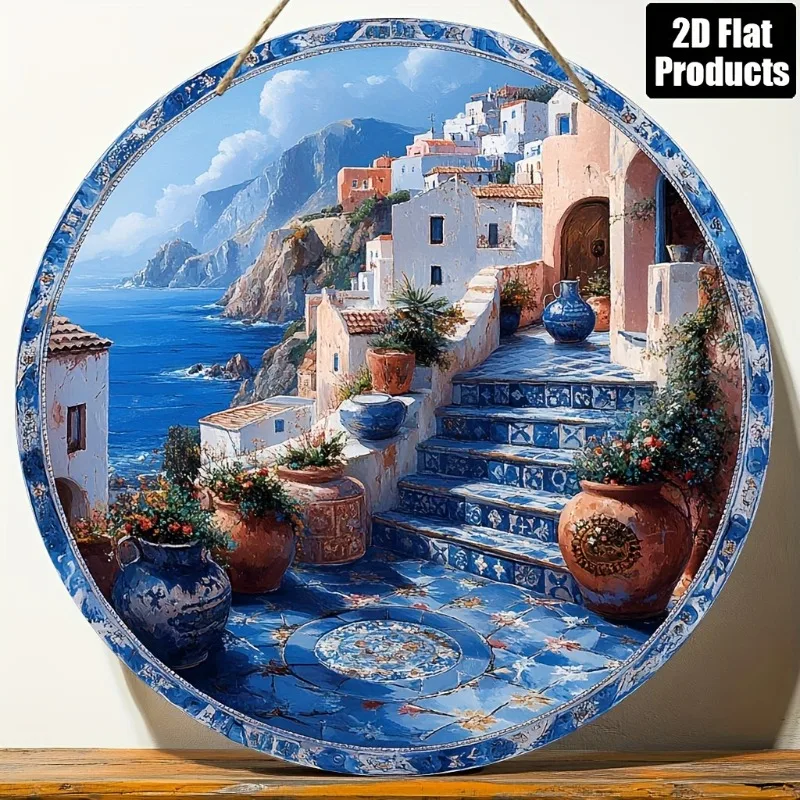 2D Metal Sign, Moroccan Blue Town Theme Wall Art, 8x8 Inch Metal Round Sign for Bar Kitchen Cafe Living Room Office Decor