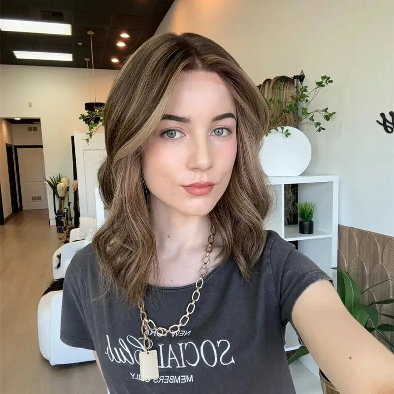 Perruque Lace Front Wig Synthétique Courte Bob Invisible pour Femme, Cheveux Blond Ombré Brun At Wave, 14 Pouces