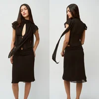 Guiz Top sexy con cinta negra, material ligeramente transparente y agradable para la piel, conjunto de falda de longitud media, top de lujo ligero francés de gasa, conjunto de fiesta para niña dulce, conjunto de falda hasta la rodilla