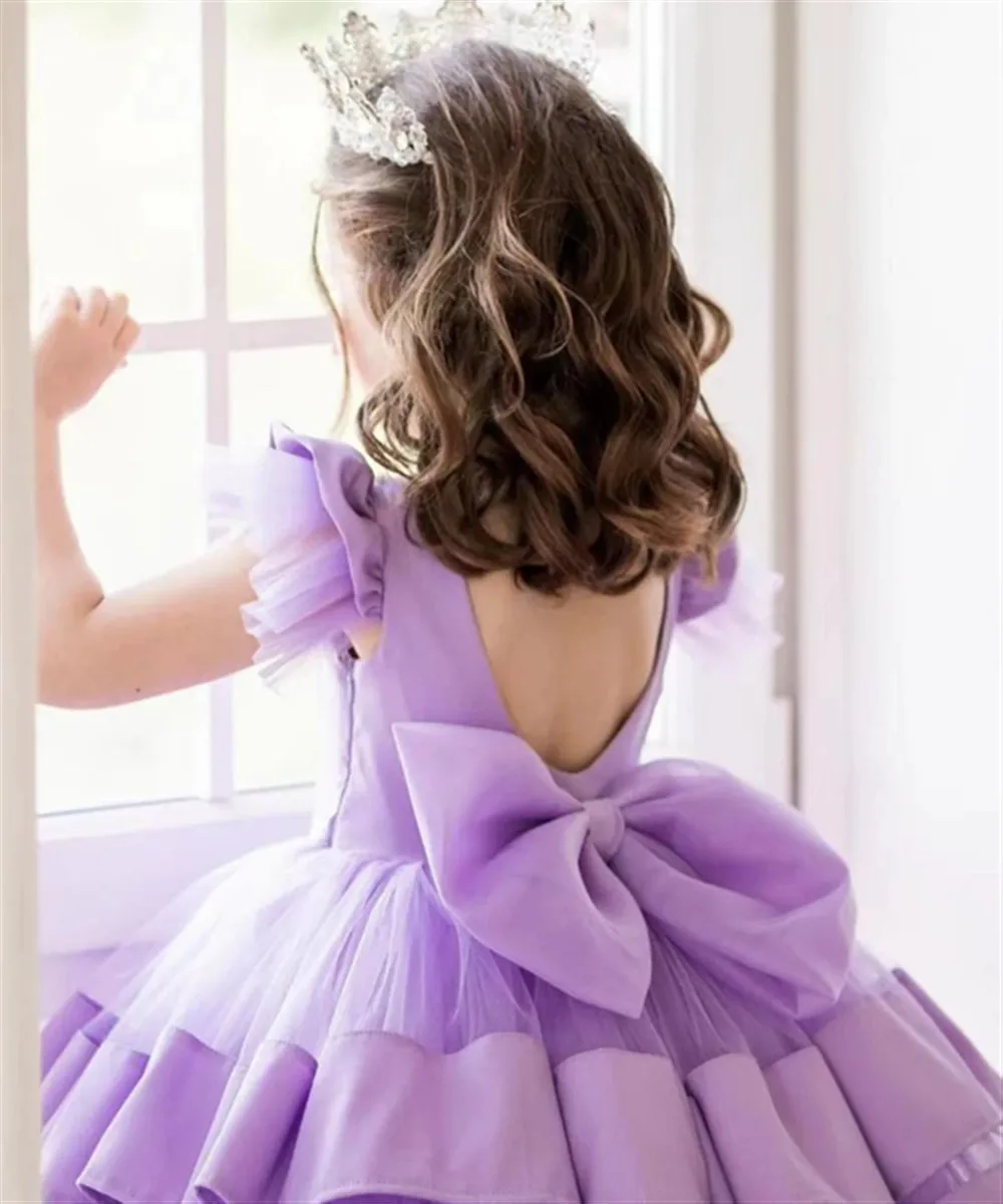 

Cute Flower Girl Wedding Dress Sleeveless Backless Tiered Ruffles With Bow Child Birthday Party First Communion Gown Customized