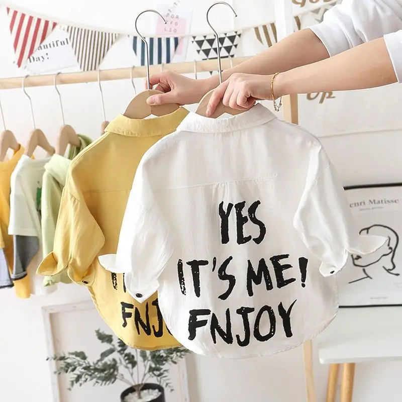 Boys Clothing Long Sleeve 2023 Spring New Solid Color Trend Lapel Single-breasted Letter Printed Cotton Korean Version Shirt