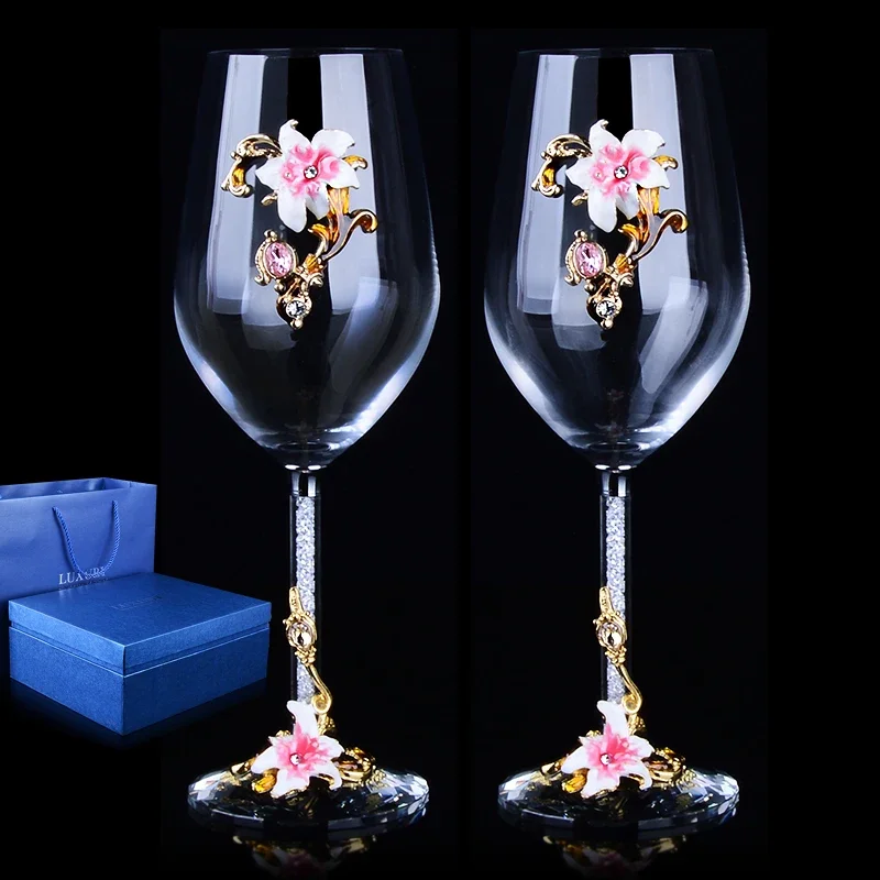 1 pair European High-grade Creative Enamel Crystal Glass/ Red Wine Goblet with diamond/ Wedding Gift Crystal Glass Cup