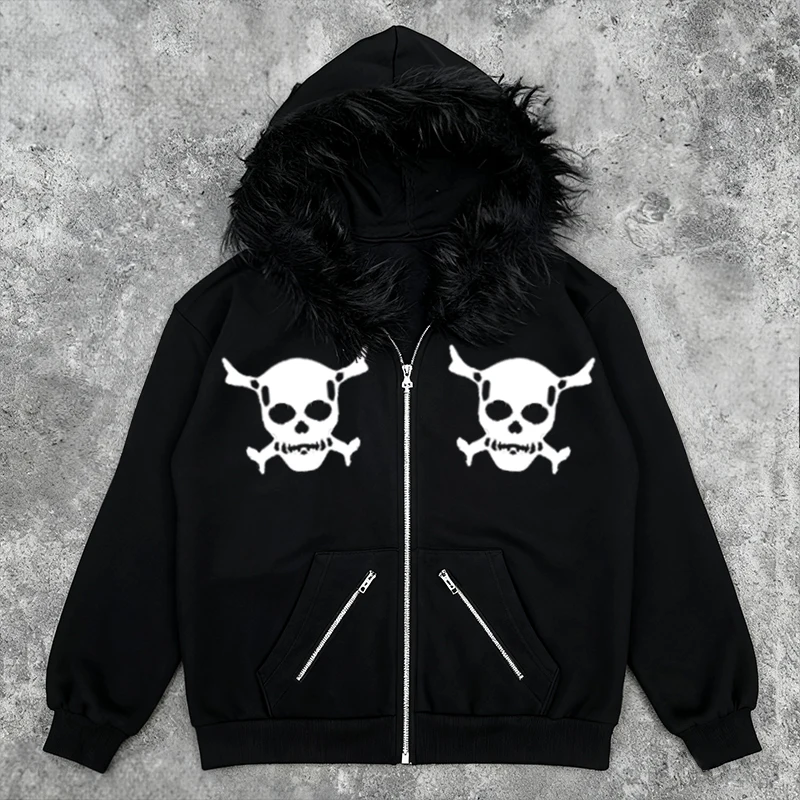

Американская осенне-зимняя новая мужская толстовка с капюшоном и принтом черепа, меховой воротник, украшение в стиле Харадзюку, уличный панк