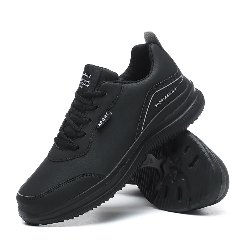 Sports shoes men's leather surface waterproof casual all black running shoes soft sole large men's shoe size