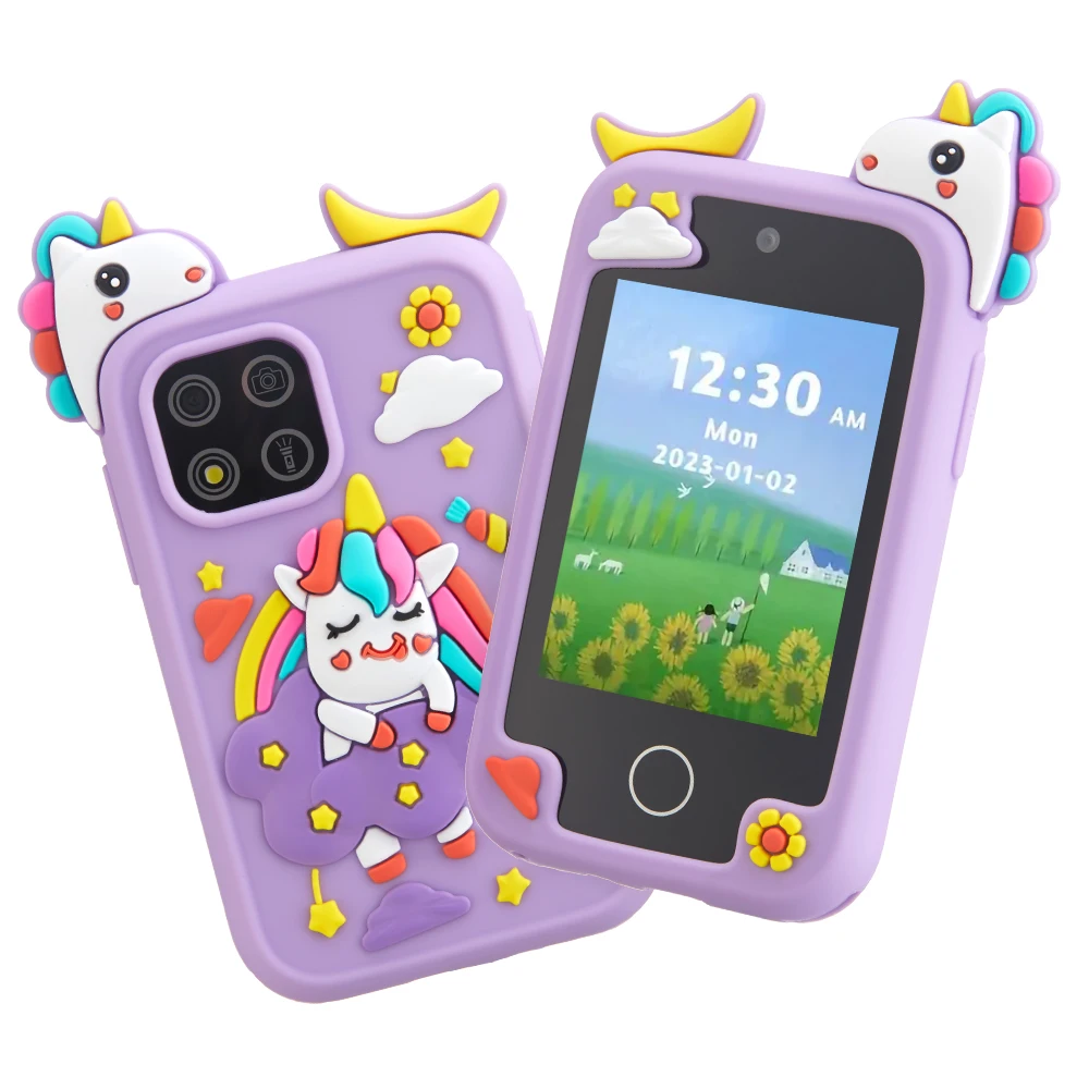 Purple Kids Educational Music Phone Toys Cartoon Baby Selfie Phone IPS Touchscreen Digital Camera for Girls Boys Best Gfits