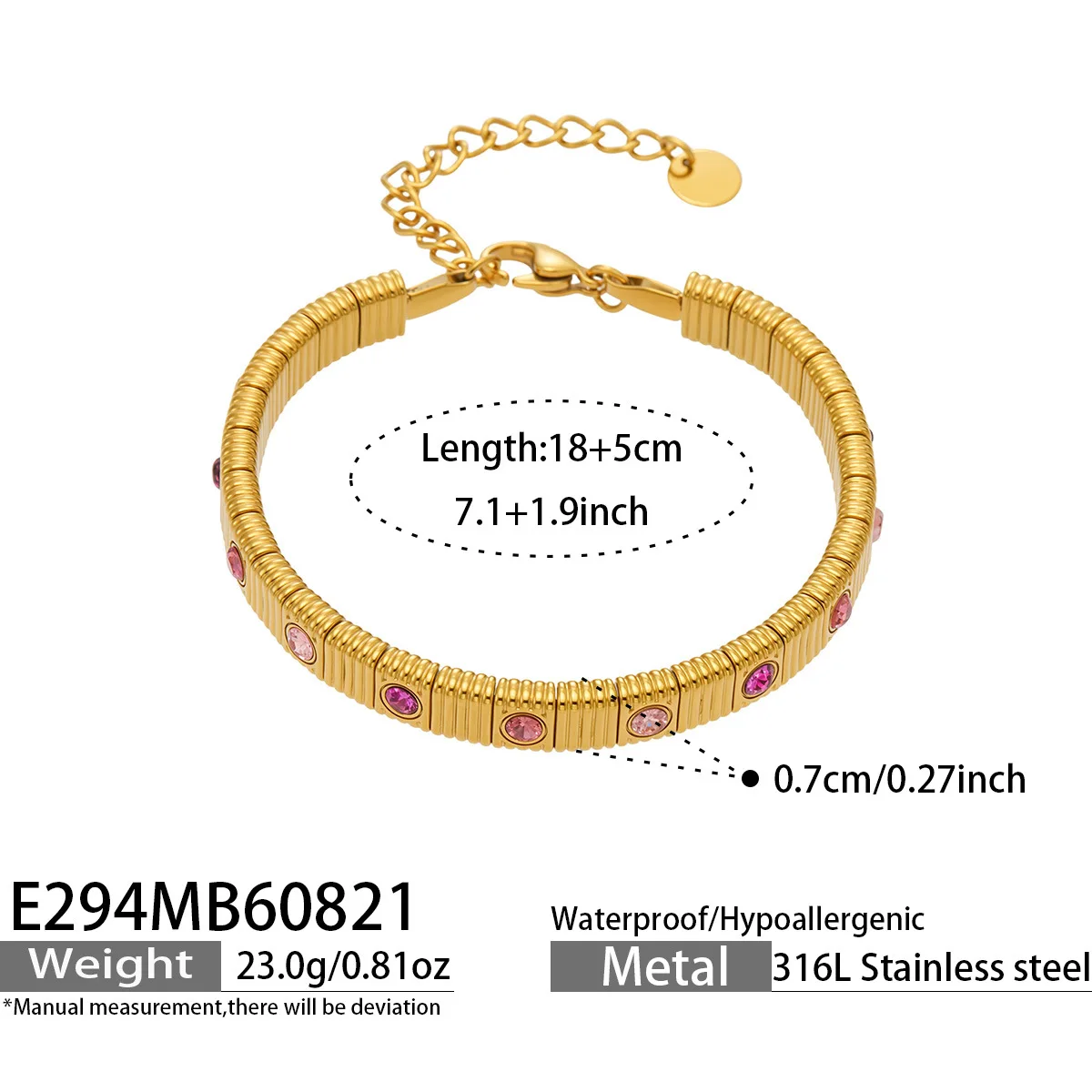 Edelstahl-Armband mit Streifenmuster, Quadratischen Perlen und Gliedern, 18K Vergoldet, mit Farbigen Kubischen Zirkonia für Damen – Detail 7