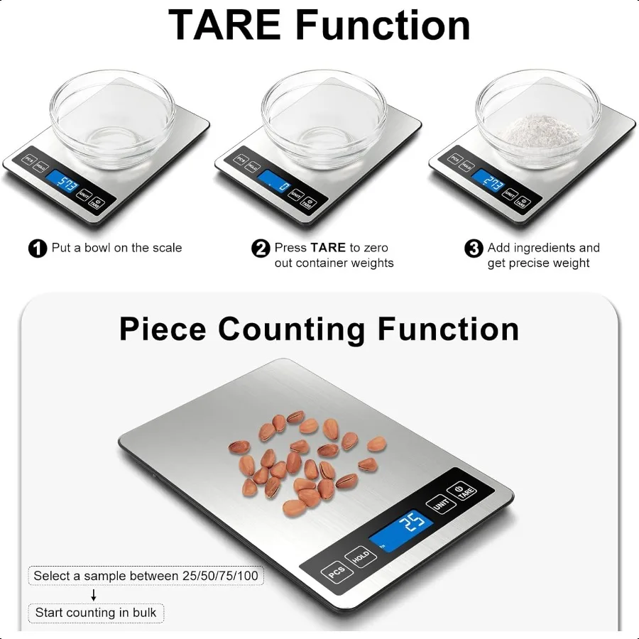 Balance alimentaire 1g 0.1oz balance de cuisine numérique 22lb 7 unités Tare PCS puissance Rechargeable verre trempé acier inoxydable Balance de poids alimentaire