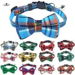 Pet Breakaway Cat Collar Bow Tie and Bell Cute Plaid Christmas Red Elastic Adjustable Dog Collar with Sash Small Bell for Cats