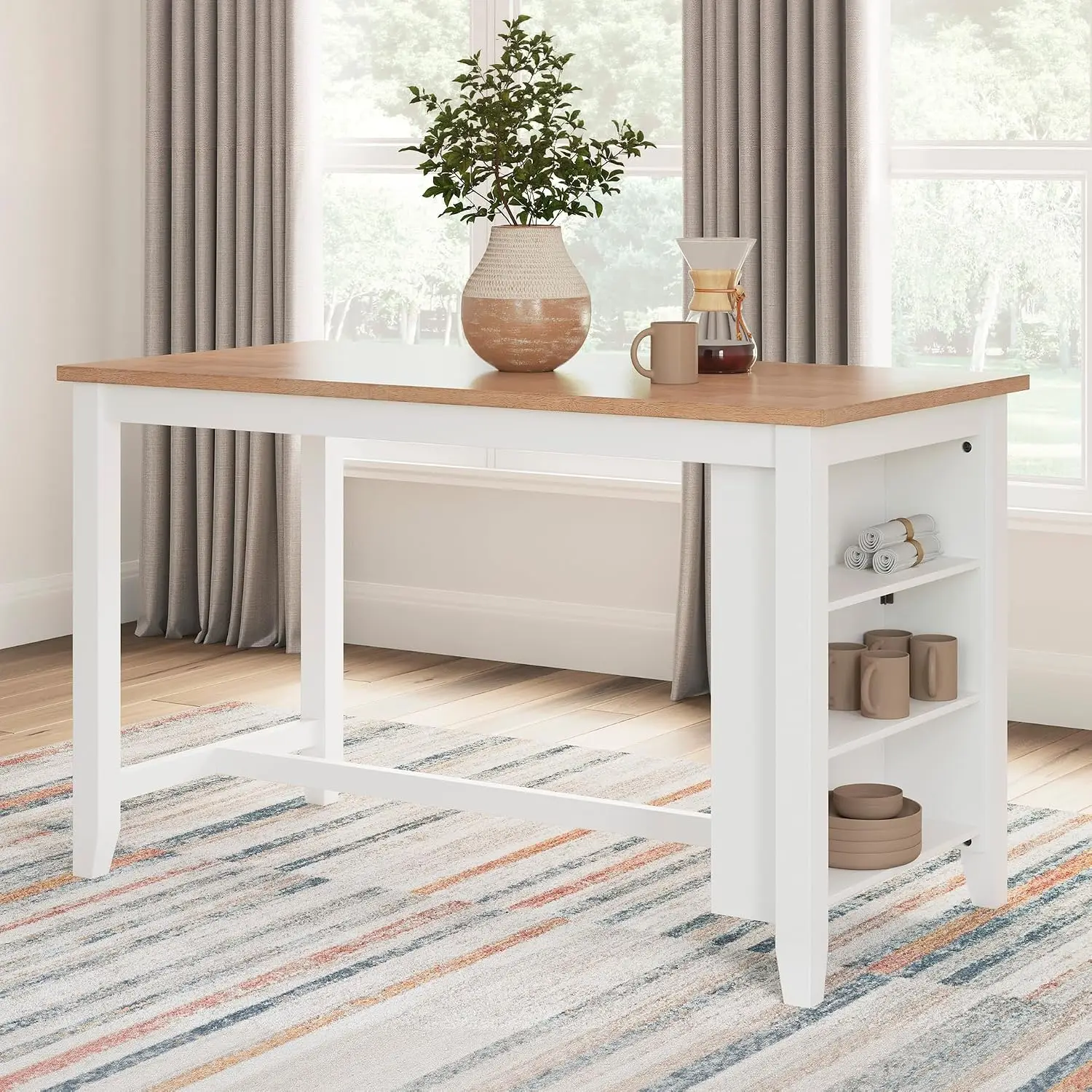 1-Piece Counter Height Dining Table, 60-Inch | 60-inch butcher block veneer top with 3 storage shelves, Versatile kitchen