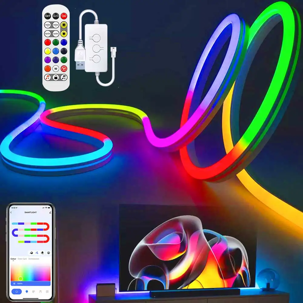 TUYA LED Neon Strip Light USB 5V Silicone Neon Rope Lights 72LEDs/M With Music Sync RGBIC Dreamcolor Chasing Strip Tape For Room