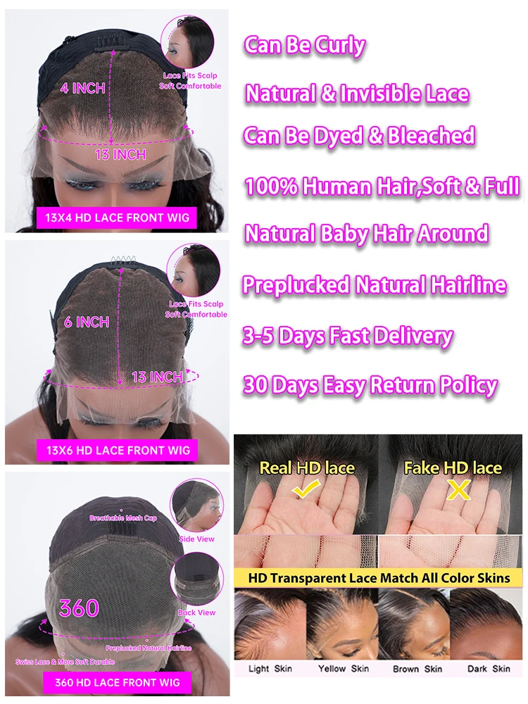 Perruque Lace Front Wig Body Wave Naturelle, Cheveux Humains, 13x6 HD, 13x4, Full Lace Wig 360, 30 40 Pouces, pour Femme