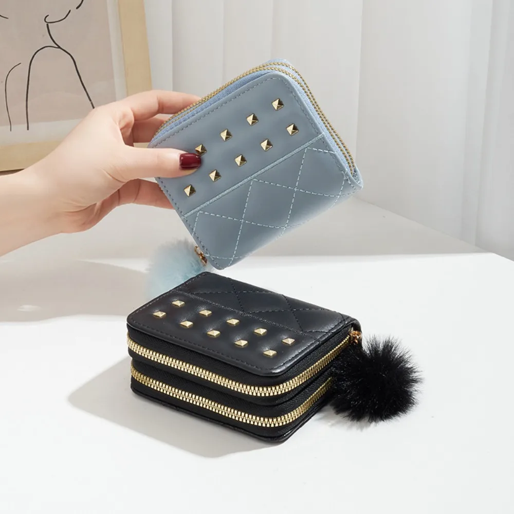 

Portable Rivets Women Long Purse Double Zipper Soft Plush Ball Woman Clutch Wallet Multi-card Slot Soft Square Card Bag Female