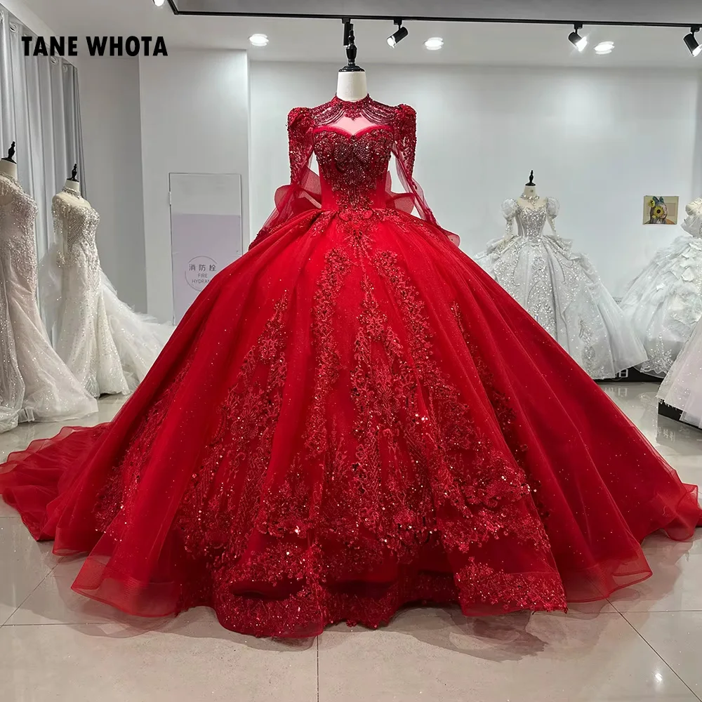 

Women's Evening Dress High Long Sleeve Keyhole Back Crystal Embroidery Beaded Bow Red Long Dresses For Special Occasions