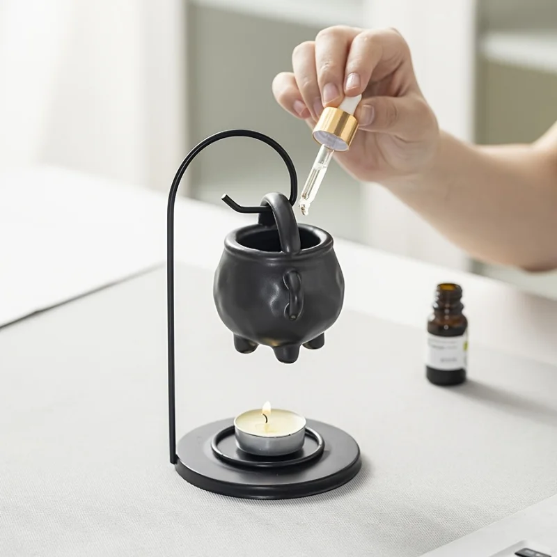 Ceramic Essential Oil Lamp, Candle Aromatherapy Diffuser, Warm Night Light for Home Office, Black