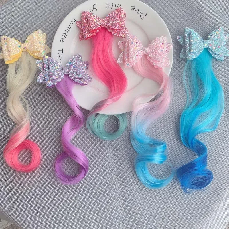 Hot Bows Princess Hair Clips Ties Girls Colorful Wigs Unicorn Ponytail Hair Clips Headwear Braid Kids Gift Accessories