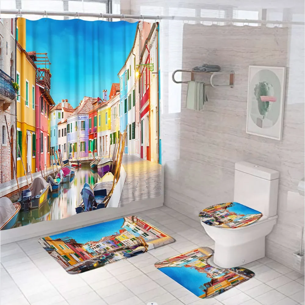 Venice Shower Curtain Set Colorful Building Water Canal Boats Burano Island Venetian Bathroom Curtains Bath Mat Rug Toilet Cover